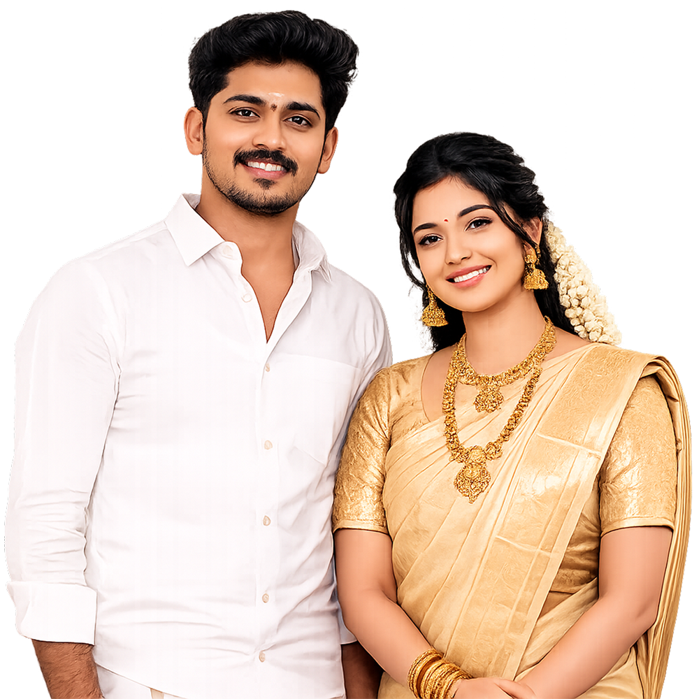திருமண உடையில் நிற்கும் ஜோடி